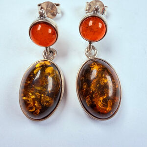 BiColor Baltic Cognac Honey Amber Cabochon Sterling Silver 925 Vintage Earrings